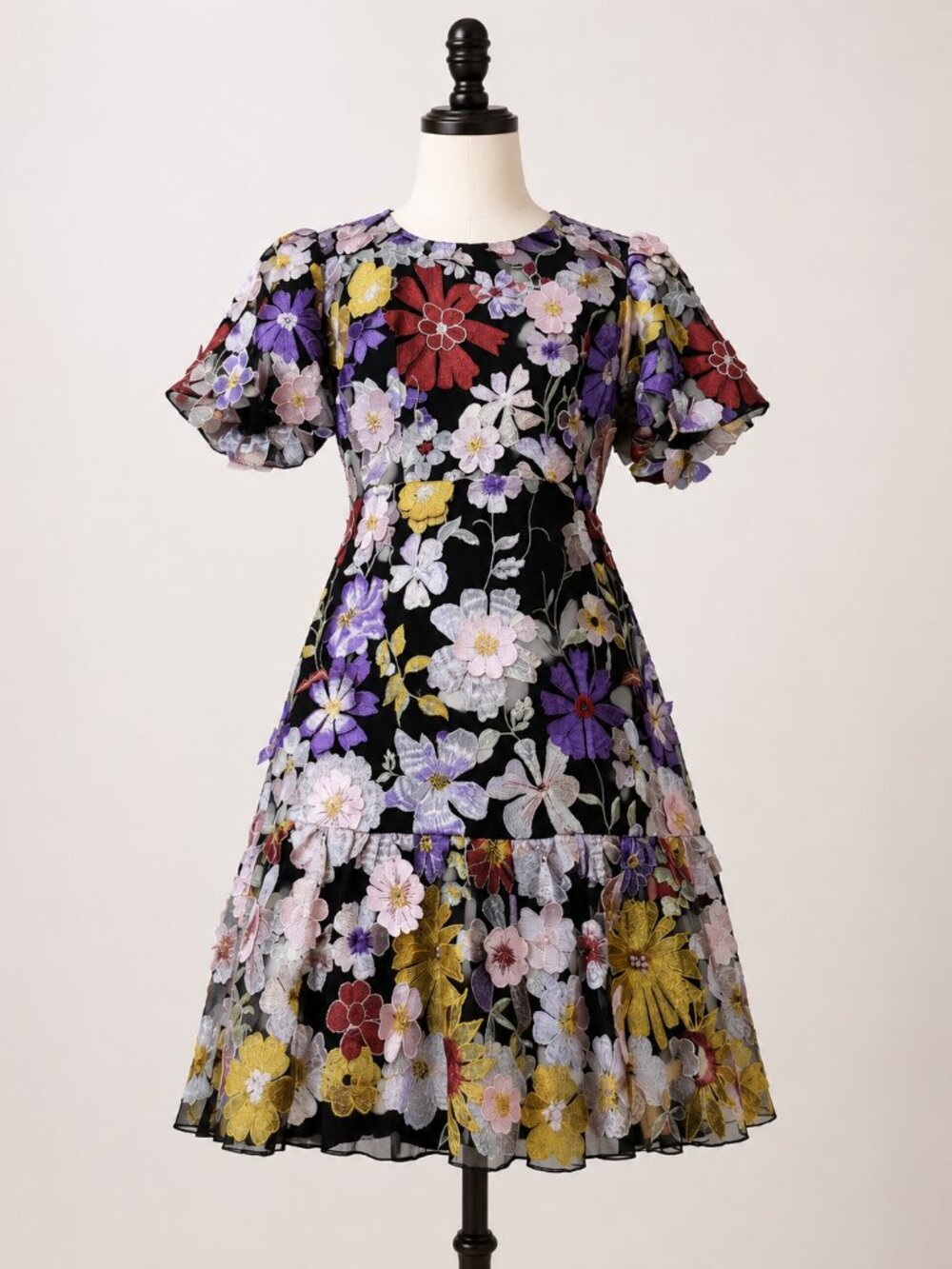 MILLY YASMIN Black Midi Dress with Multicolor 3D Floral Embroidery Appliqués